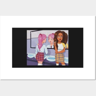 illustration high school girls wearing makeup plaid skirt aesthetic Posters and Art